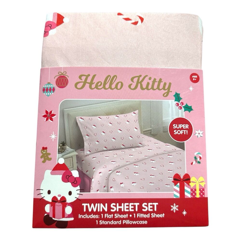 Hello Kitty Twin Sheet Set Christmas Holiday Candy Cane Pink Sanrio NEW